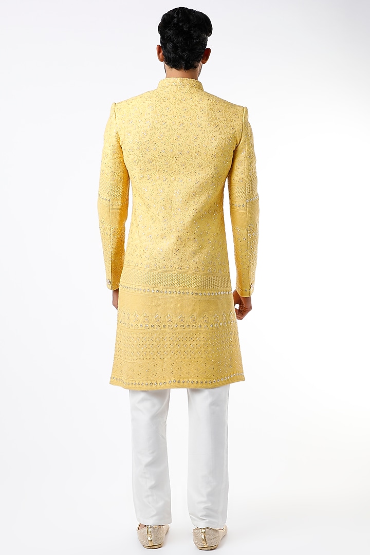 Lemon Yellow Embroidered Indo-Western Wedding Sherwani Set by Soniya G Men at Pernia's Pop Up Shop