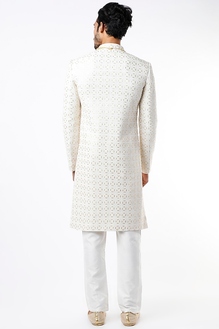 Cream Chikankari Embroidered Wedding Sherwani Set by Soniya G Men at Pernia's Pop Up Shop
