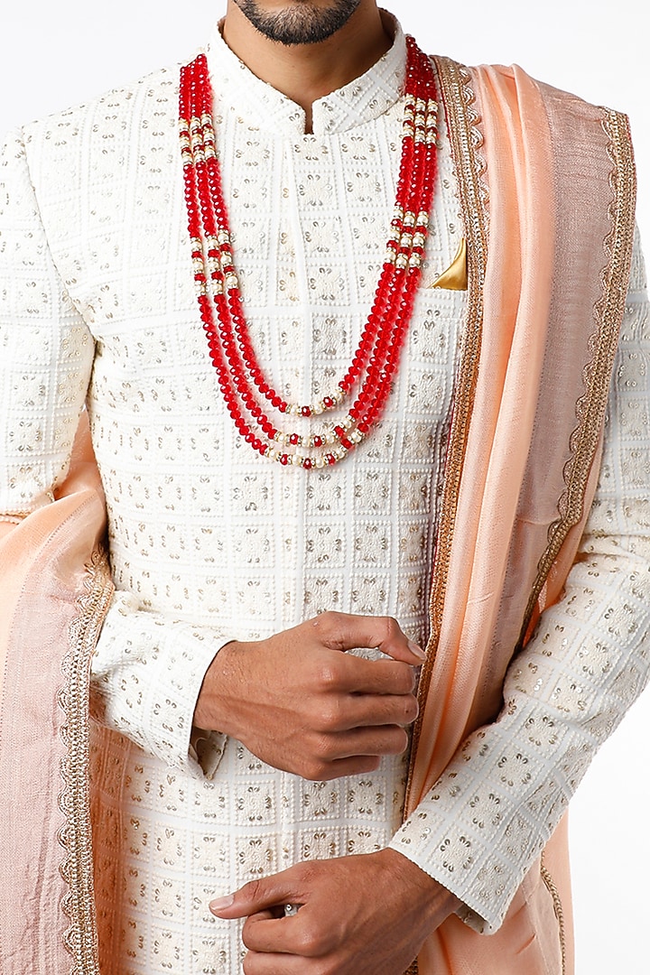 Cream Chikankari Embroidered Wedding Sherwani Set by Soniya G Men at Pernia's Pop Up Shop