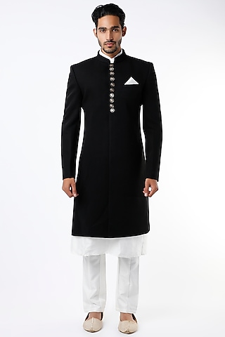 Black Crepe Indo-Western Sherwani Set by Soniya G Men