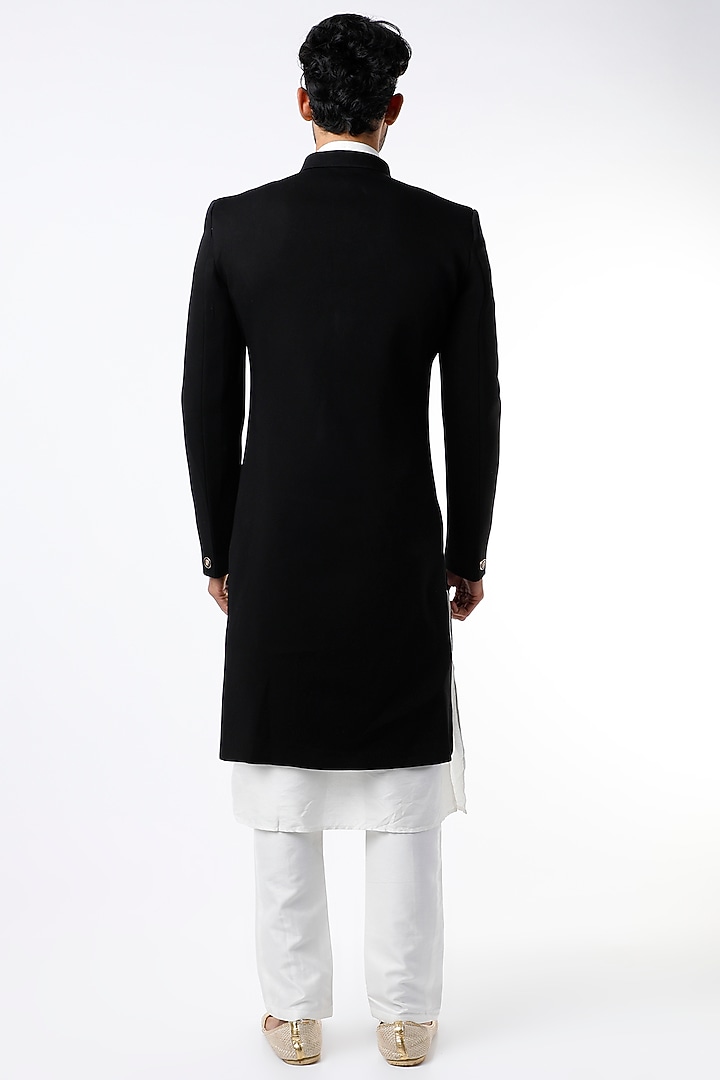 Black Crepe Indo-Western Wedding Sherwani Set by Soniya G Men at Pernia's Pop Up Shop