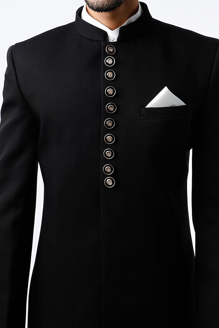 Black Crepe Indo-Western Wedding Sherwani Set by Soniya G Men at Pernia's Pop Up Shop
