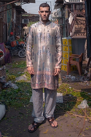 Silver Grey Banarasi Silk Kurta Set by Soniya G Men