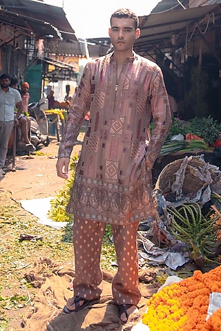 Mocha Brown Banarasi Silk Kurta Set by Soniya G Men