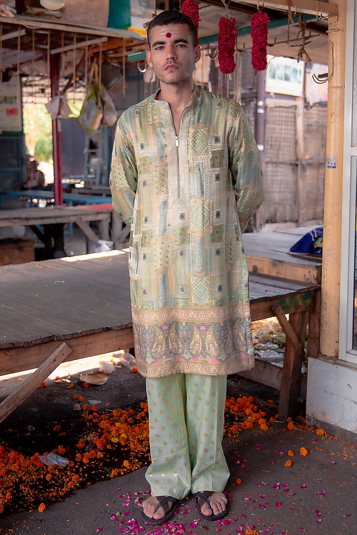 Sage Green Banarasi Silk Kurta Set by Soniya G Men at Pernia's Pop Up Shop