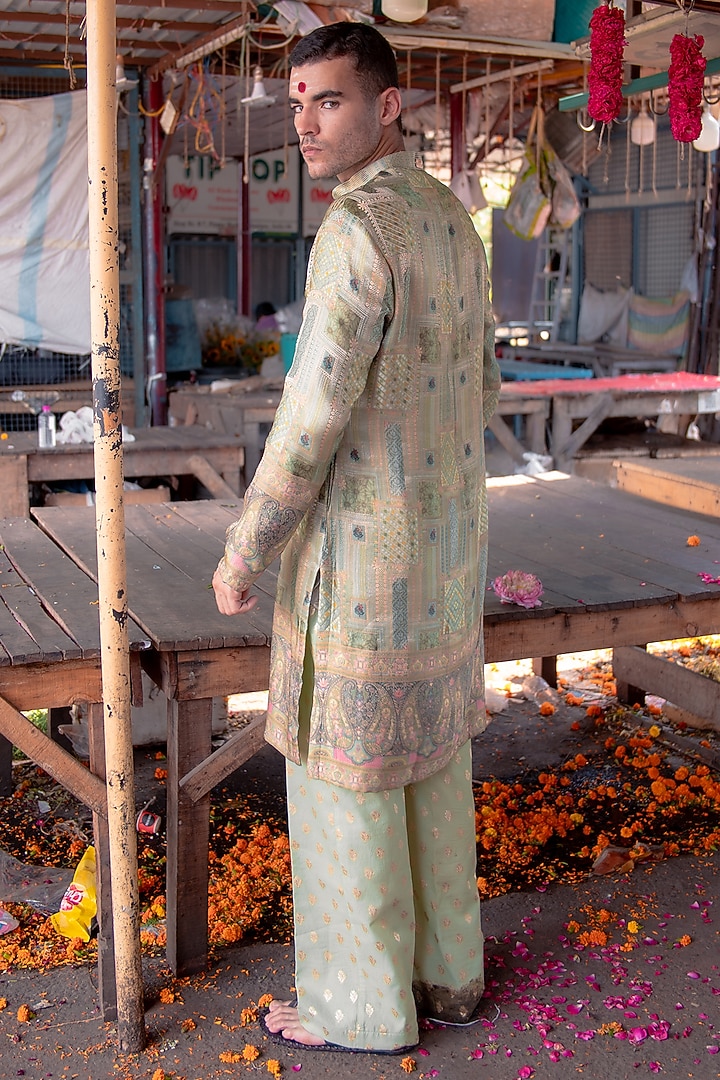 Sage Green Banarasi Silk Kurta Set by Soniya G Men at Pernia's Pop Up Shop