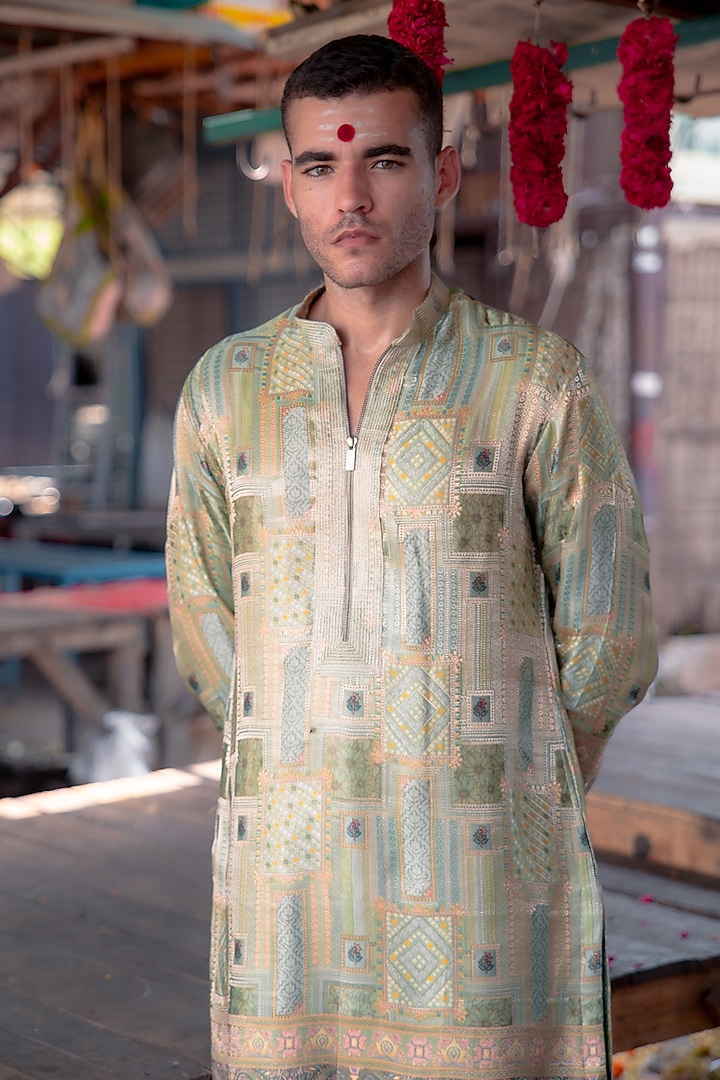 Sage Green Banarasi Silk Kurta Set by Soniya G Men at Pernia's Pop Up Shop