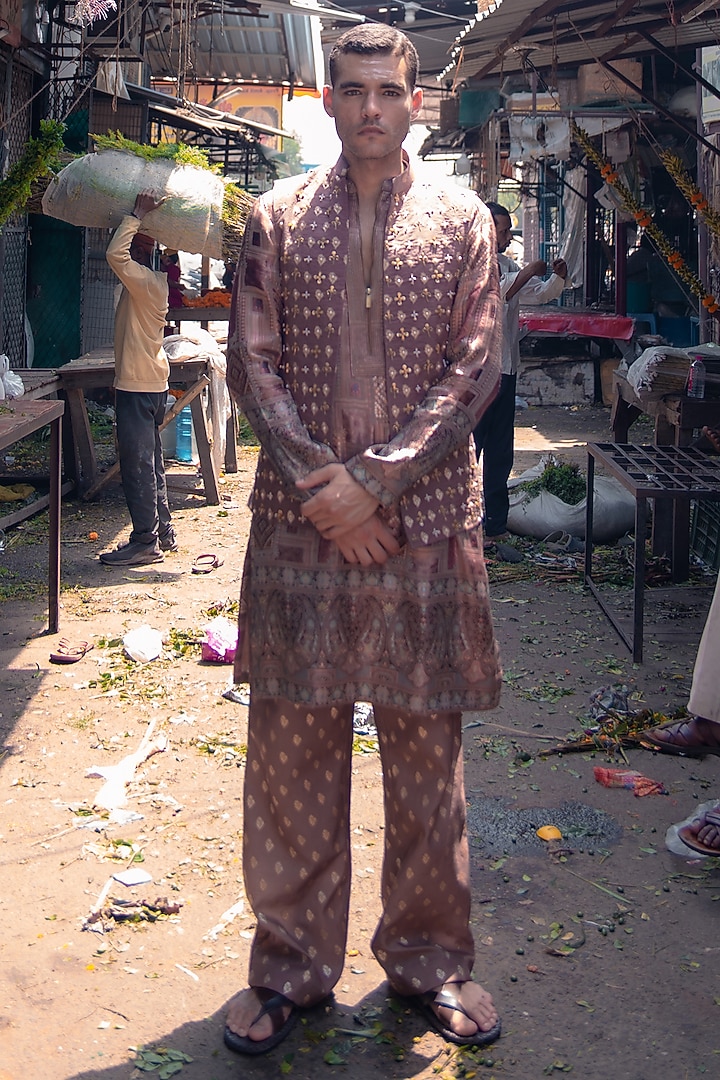 Mocha Brown Banarasi Silk Jacket Set by Soniya G Men at Pernia's Pop Up Shop
