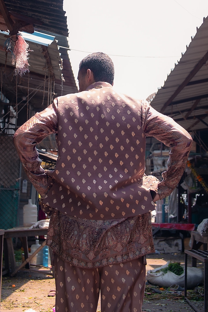 Mocha Brown Banarasi Silk Jacket Set by Soniya G Men at Pernia's Pop Up Shop