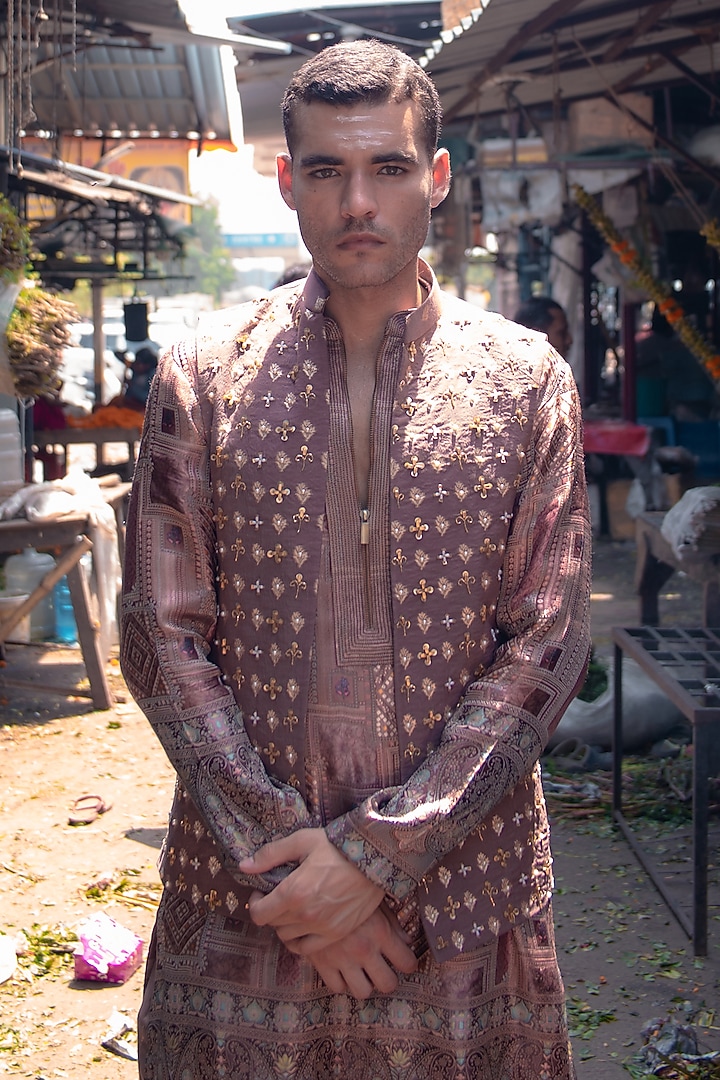 Mocha Brown Banarasi Silk Jacket Set by Soniya G Men at Pernia's Pop Up Shop