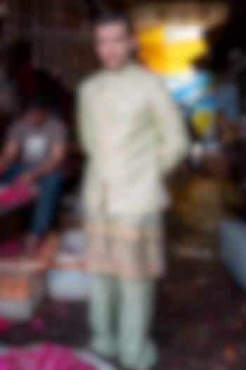 Sage Green Banarasi Silk Embellished Jodhpuri Set by Soniya G Men at Pernia's Pop Up Shop