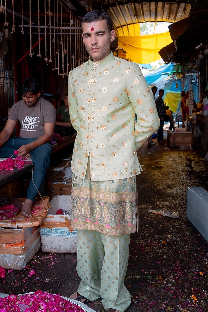 Sage Green Banarasi Silk Embellished Jodhpuri Set by Soniya G Men at Pernia's Pop Up Shop