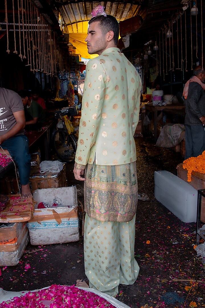 Sage Green Banarasi Silk Embellished Jodhpuri Set by Soniya G Men at Pernia's Pop Up Shop