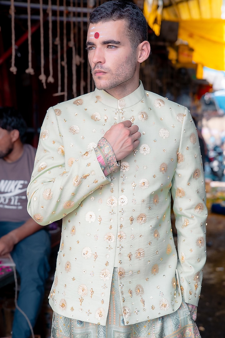 Sage Green Banarasi Silk Embellished Jodhpuri Set by Soniya G Men at Pernia's Pop Up Shop