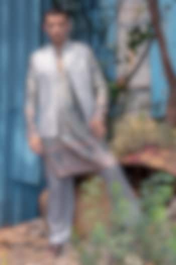 Silver Banarasi Silk Jacket Set by Soniya G Men at Pernia's Pop Up Shop