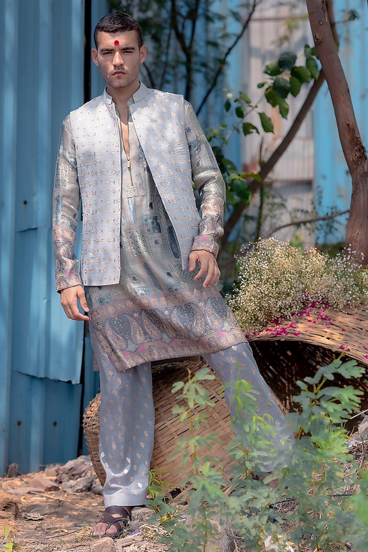 Silver Banarasi Silk Jacket Set by Soniya G Men at Pernia's Pop Up Shop
