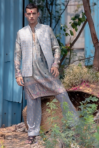 Silver Banarasi Silk Jacket Set by Soniya G Men