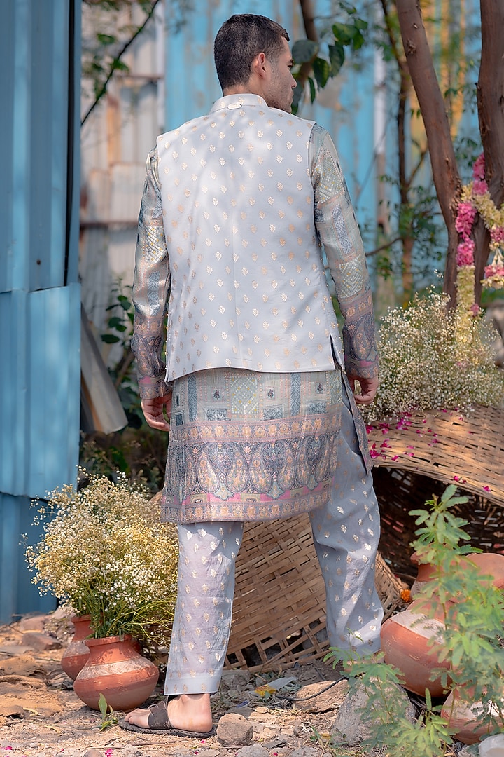 Silver Banarasi Silk Jacket Set by Soniya G Men at Pernia's Pop Up Shop