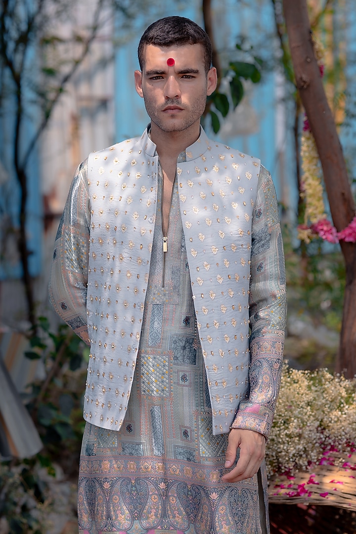 Silver Banarasi Silk Jacket Set by Soniya G Men at Pernia's Pop Up Shop