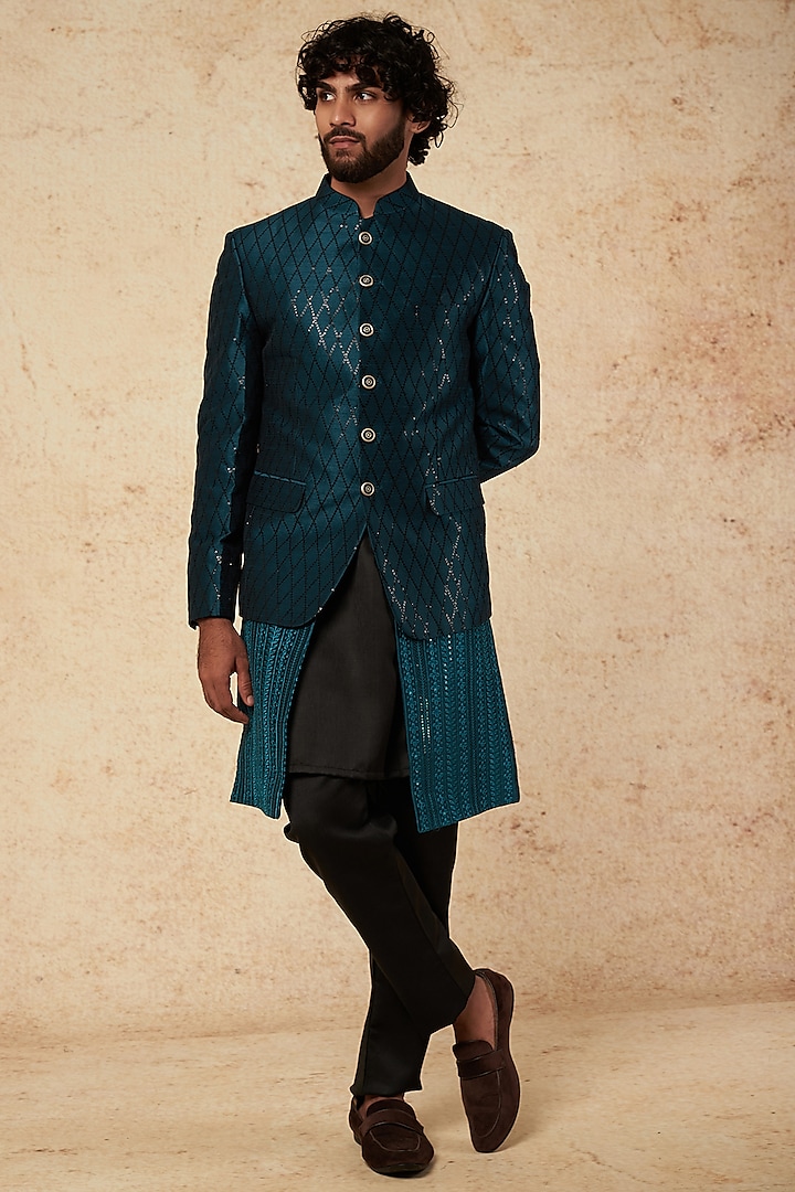 Turquoise Blue Silk Blend Bandhgala Jacket Set by Soniya G Men