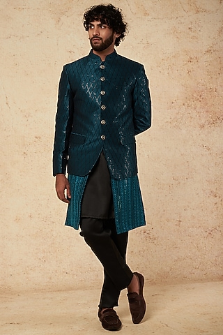 Turquoise Blue Silk Blend Bandhgala Jacket Set by Soniya G Men