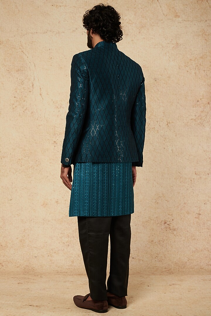 Turquoise Blue Silk Blend Wedding Bandhgala Jacket Set by Soniya G Men at Pernia's Pop Up Shop