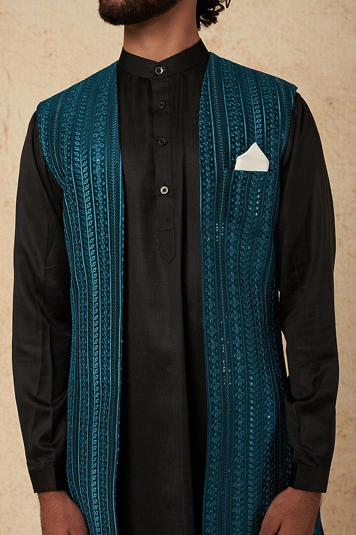 Turquoise Blue Silk Blend Wedding Bandhgala Jacket Set by Soniya G Men at Pernia's Pop Up Shop