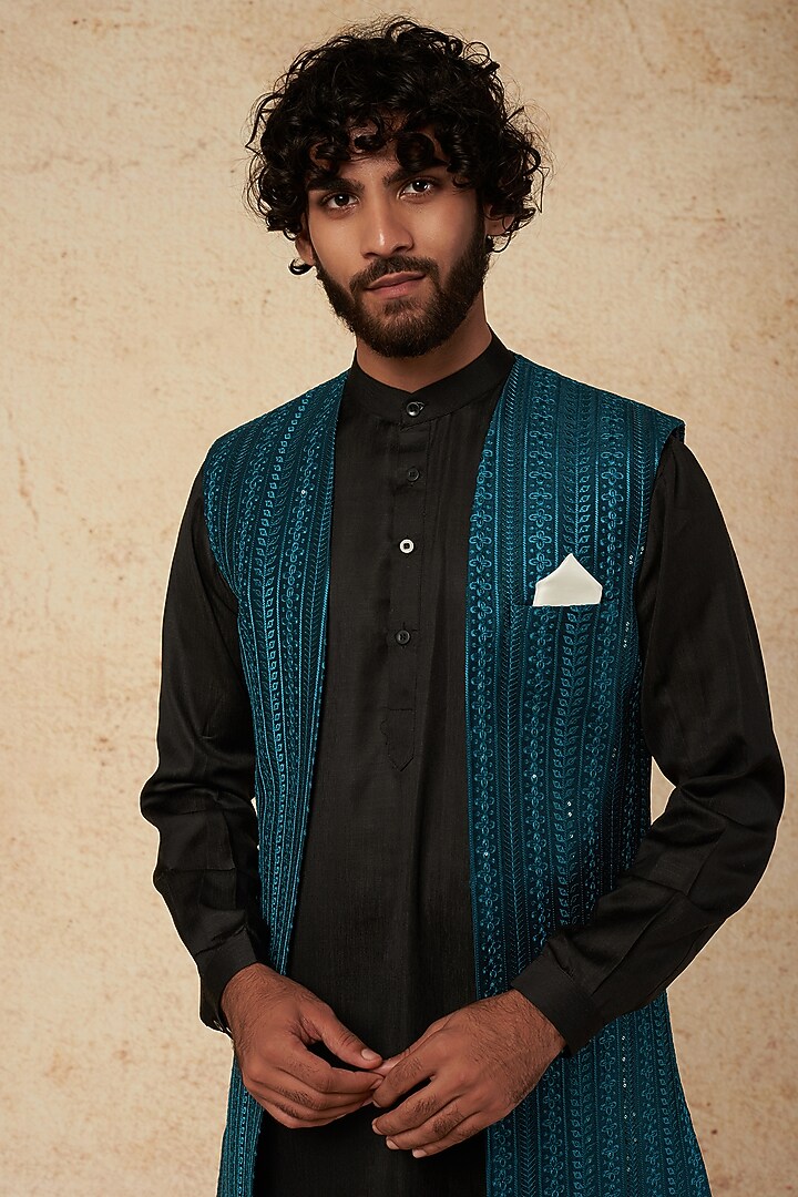 Turquoise Blue Silk Blend Wedding Bandhgala Jacket Set by Soniya G Men at Pernia's Pop Up Shop