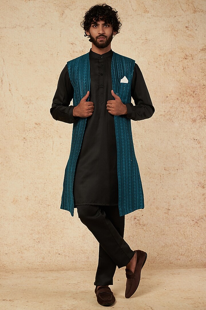 Turquoise Blue Silk Blend Wedding Bandhgala Jacket Set by Soniya G Men at Pernia's Pop Up Shop