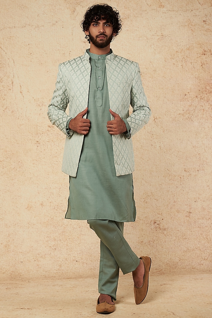 Mint Silk Blend Indowestern Jacket Set by Soniya G Men