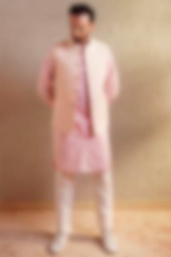 Powder Pink Silk Bundi Jacket With Kurta Set by Soniya G Men