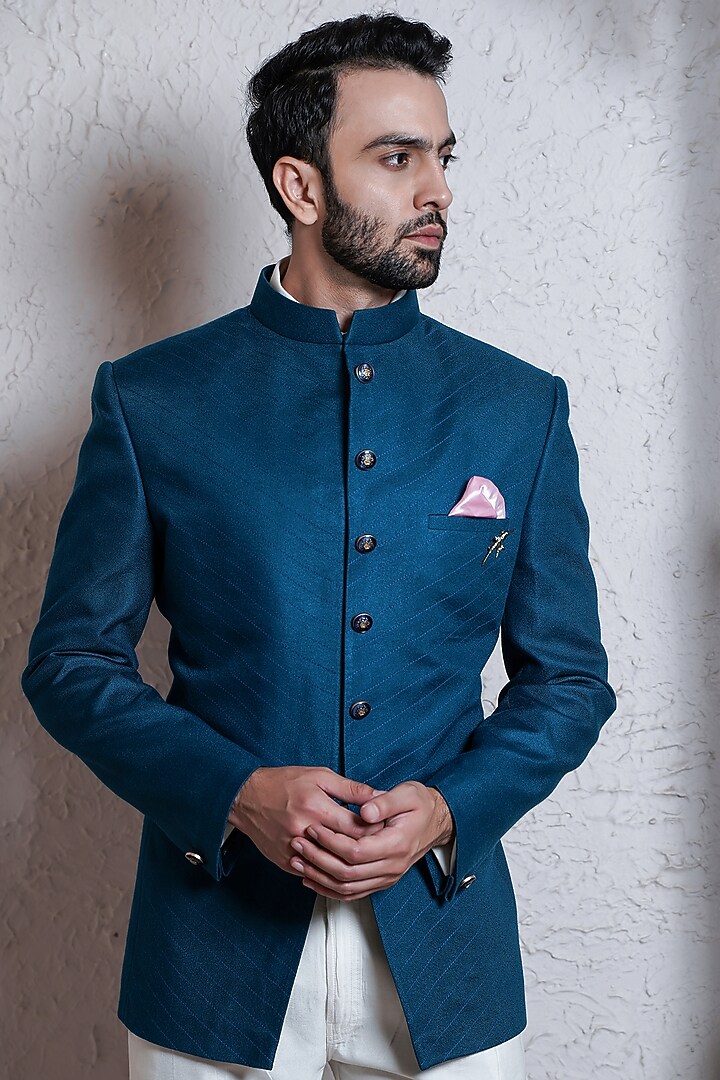 Turquoise Silk Wedding Bandhgala Set by Soniya G Men at Pernia's Pop Up Shop
