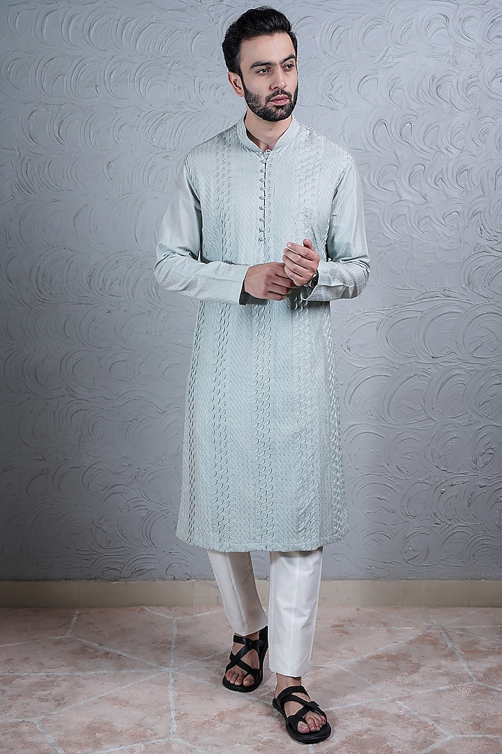 Duckegg Blue Silk Kurta Set by Soniya G Men at Pernia's Pop Up Shop