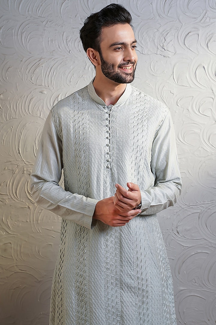 Duckegg Blue Silk Kurta Set by Soniya G Men at Pernia's Pop Up Shop