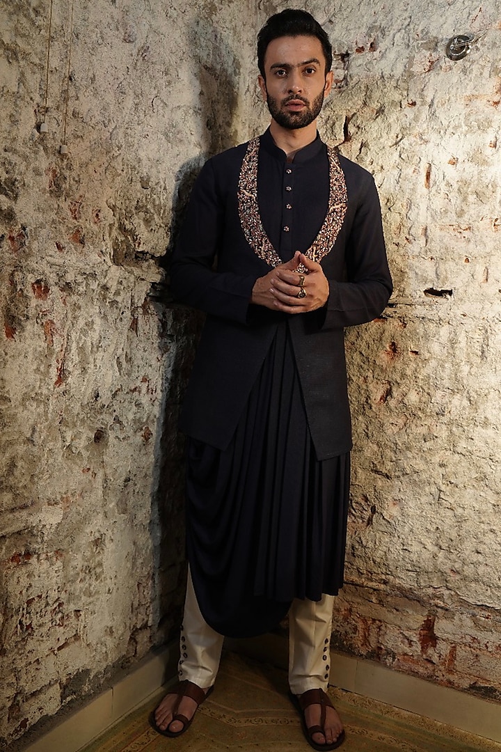 Black Embroidered Bundi Jacket With Kurta Set by Soniya G Men