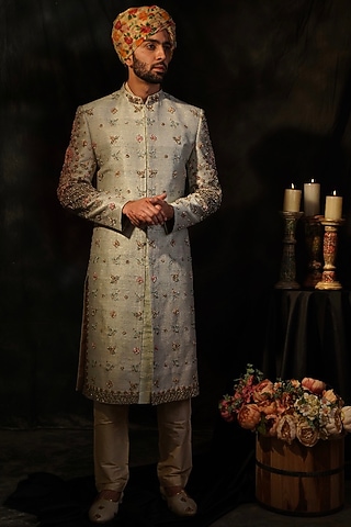Powder Blue Embellished Sherwani Set by Soniya G Men