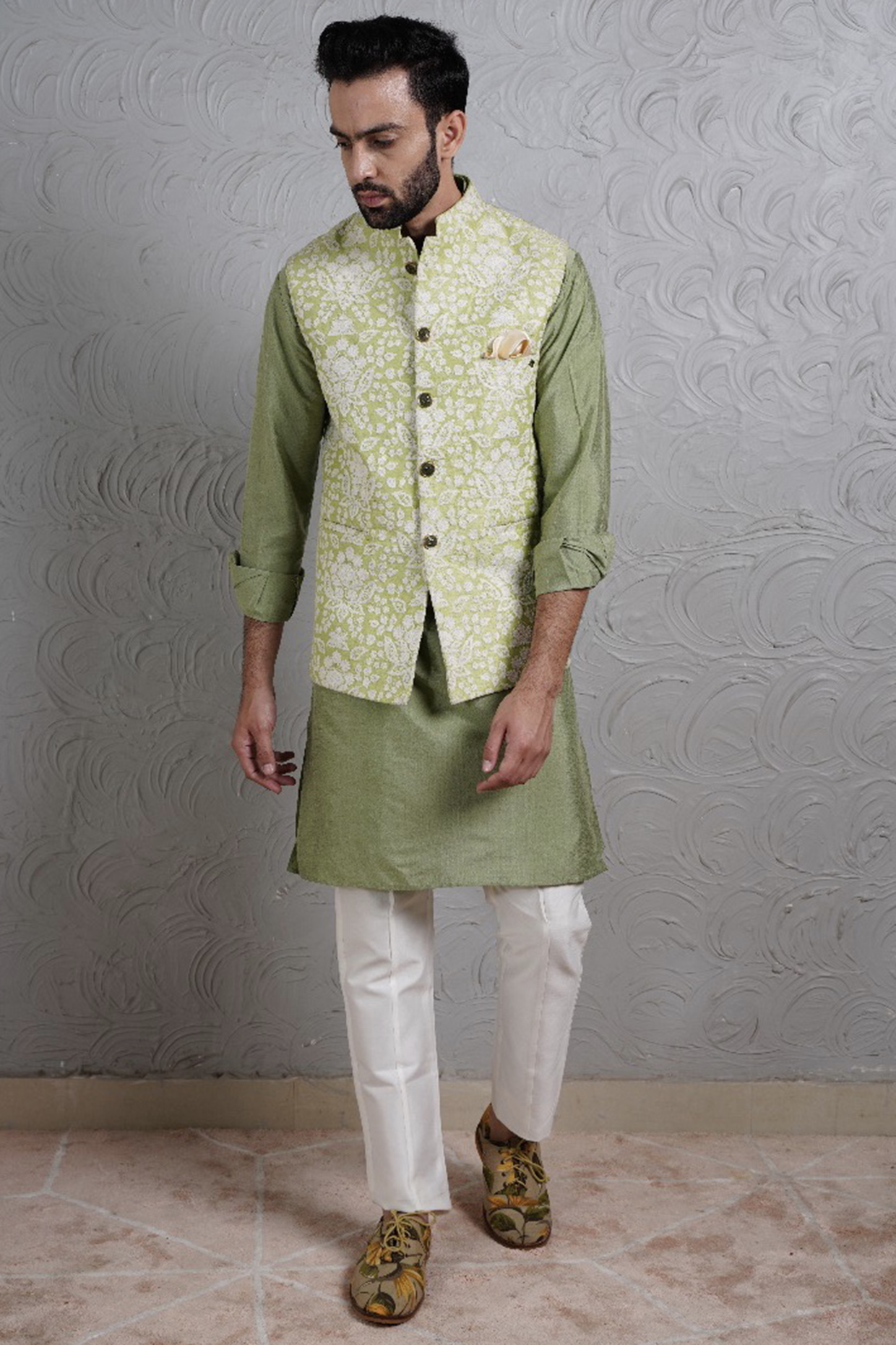 Mint Green Silk Bundi Jacket With Kurta Set by Soniya G Men