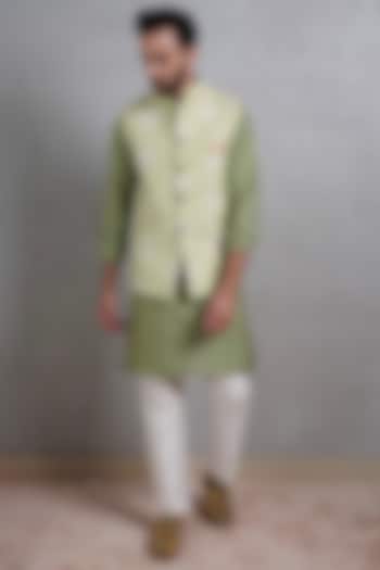 Mint Green Silk Bundi Jacket With Kurta Set by Soniya G Men