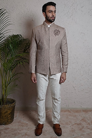 Beige Terry Wool Bandhgala Set by Soniya G Men