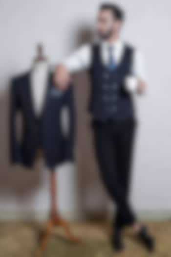 Navy Blue Terry Wool Suit Set by Soniya G Men