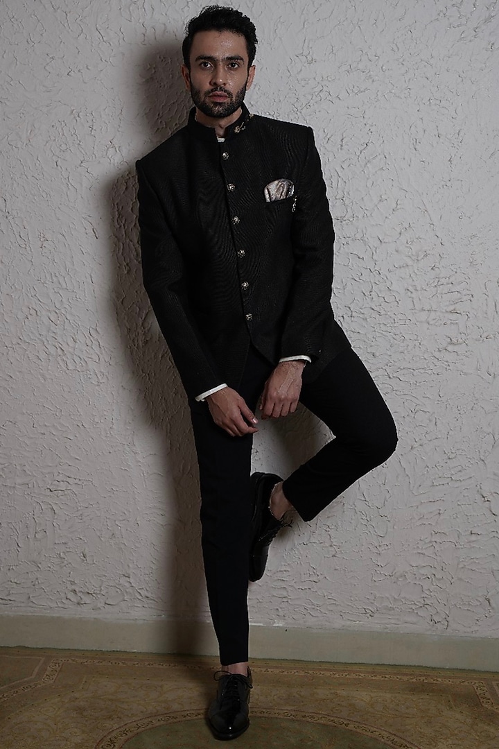 Black Terry Wool Wedding Bandhgala Set by Soniya G Men at Pernia's Pop Up Shop