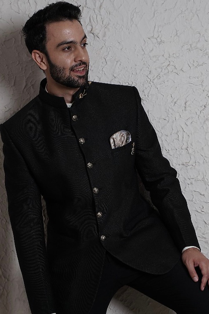 Black Terry Wool Wedding Bandhgala Set by Soniya G Men at Pernia's Pop Up Shop