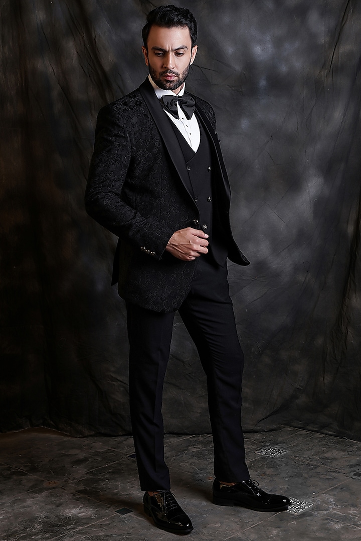 Black Jacquard Tuxedo Set by Soniya G Men