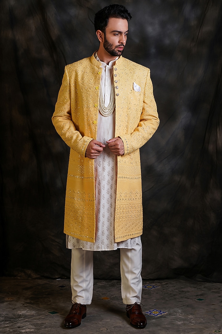Lemon Yellow Lucknowi Indo-Western Set by Soniya G Men at Pernia's Pop Up Shop