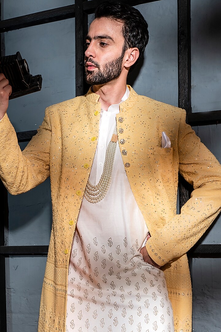 Lemon Yellow Lucknowi Indo-Western Set by Soniya G Men at Pernia's Pop Up Shop