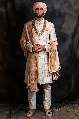 Off-White Lucknowi Sherwani Set by Soniya G Men
