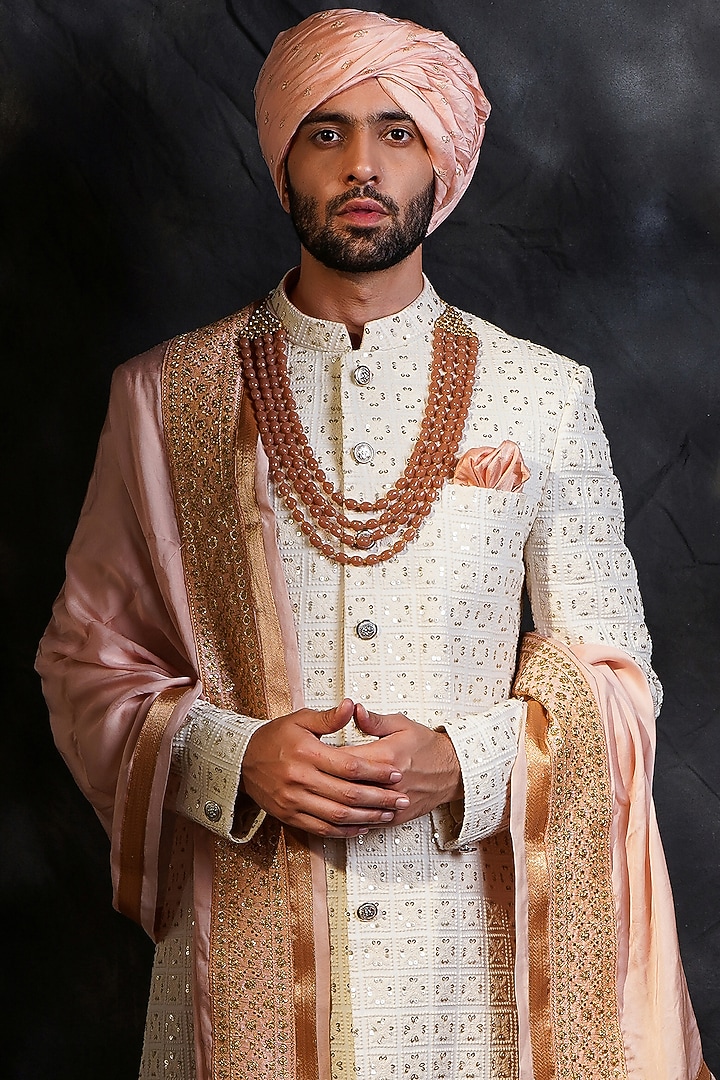 Off-White Lucknowi Wedding Sherwani Set by Soniya G Men at Pernia's Pop Up Shop