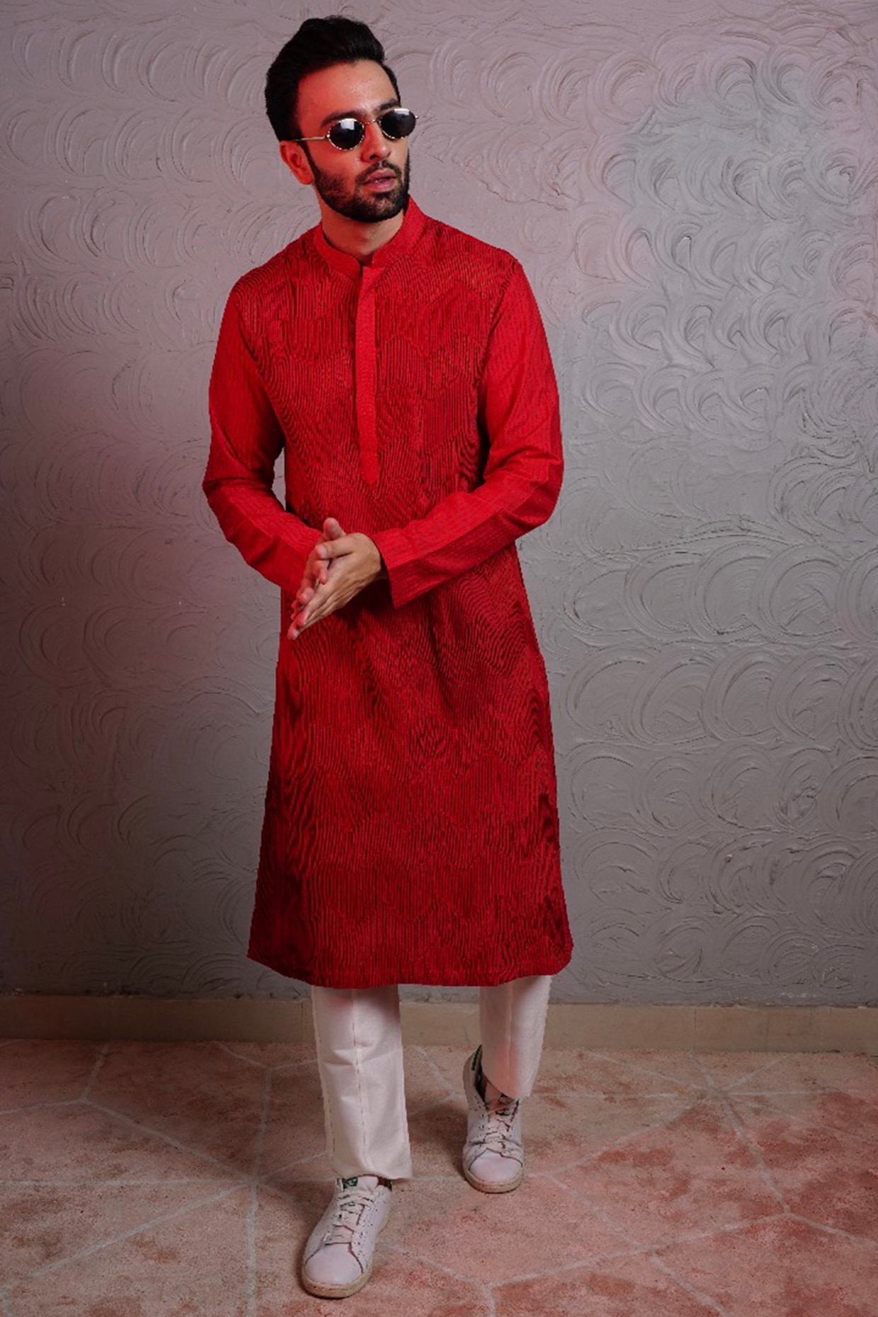 Handwoven Cherry Red Kurta Set main image 1