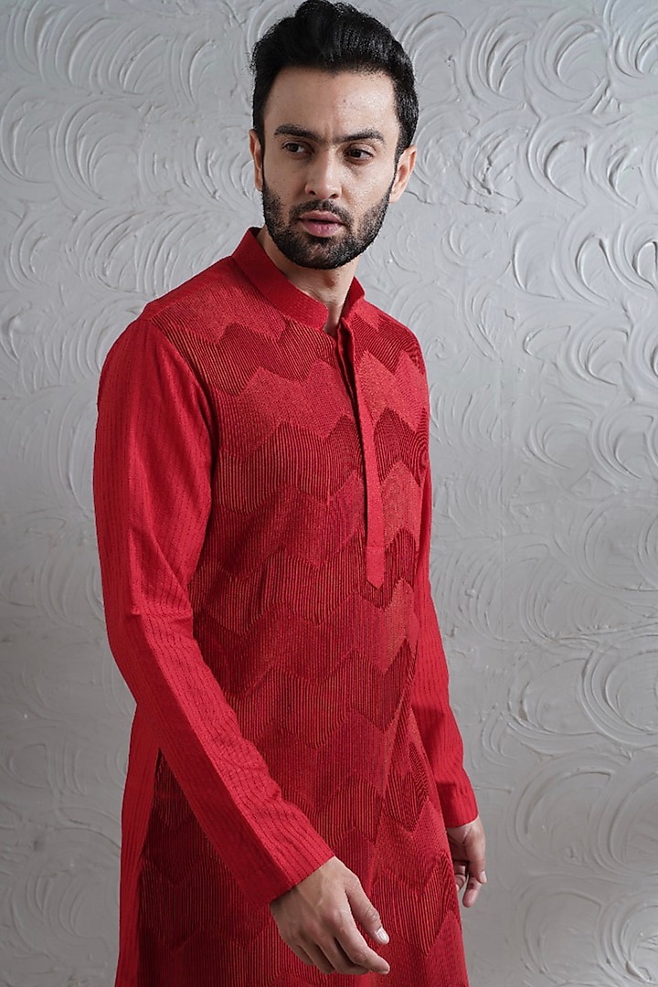 Cherry Red Silk Kurta Set by Soniya G Men at Pernia's Pop Up Shop 2025