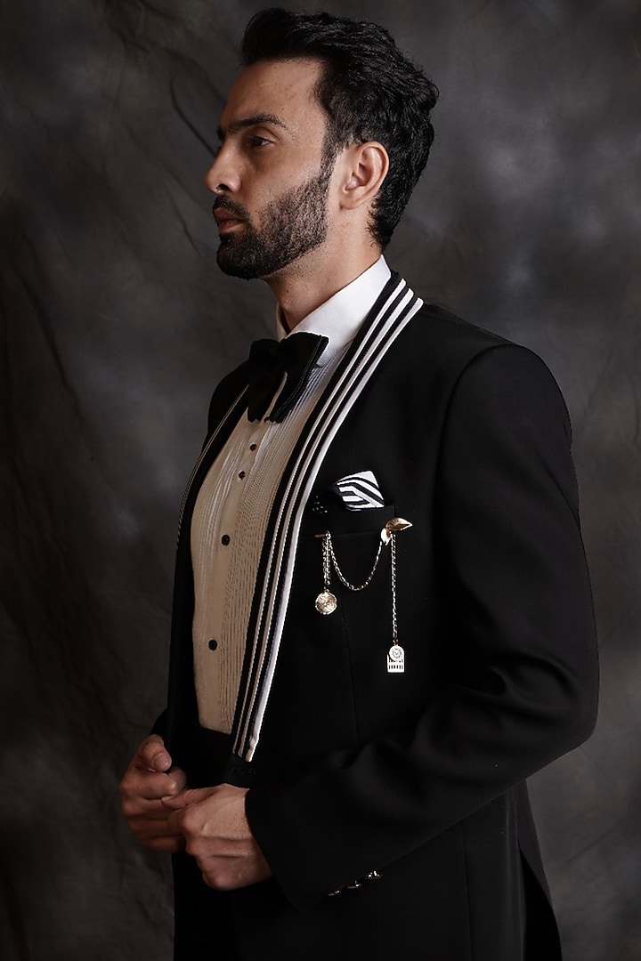 Black Italian Crepe Tuxedo Set by Soniya G Men at Pernia's Pop Up Shop